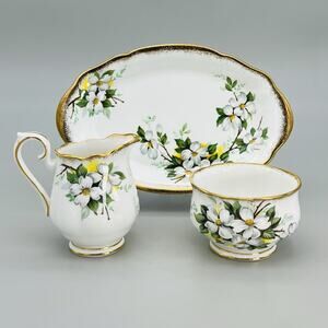 VTG Royal Albert Bone China WHITE DOGWOOD BRUSHED GOLD Creamer Open Sugar & Tray
